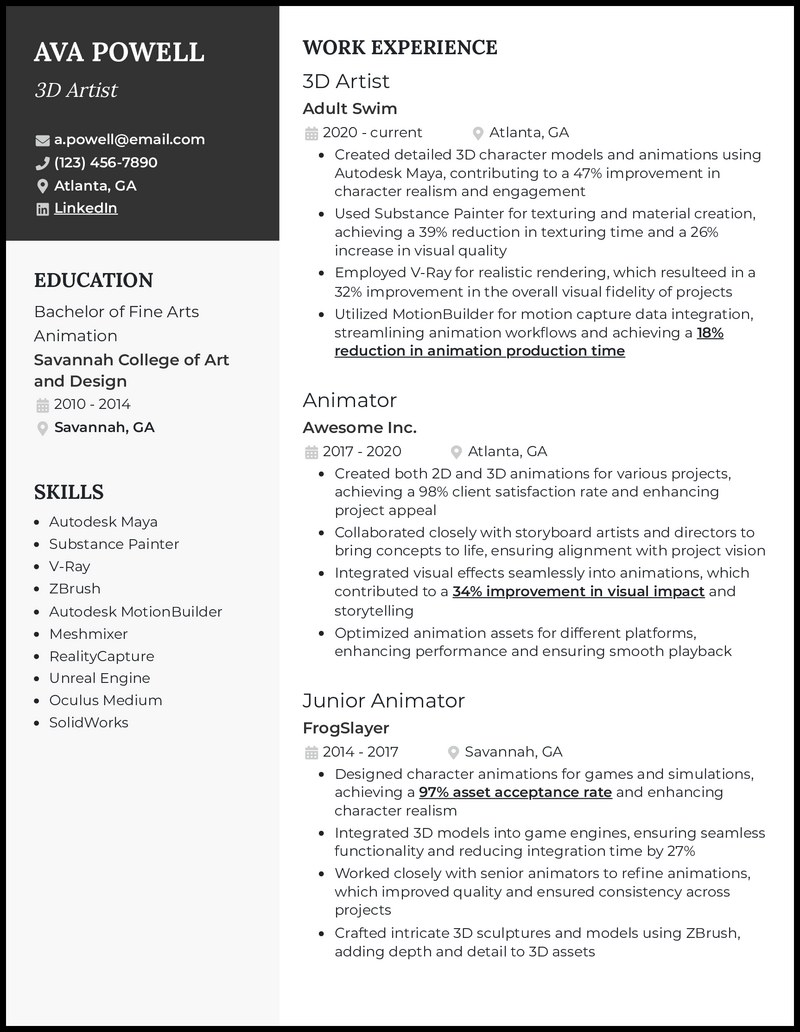 3D artist resume example with animation experience