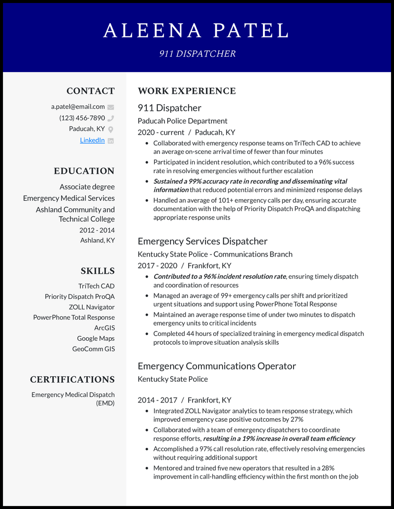 911 dispatcher resume example with 9 years of experience