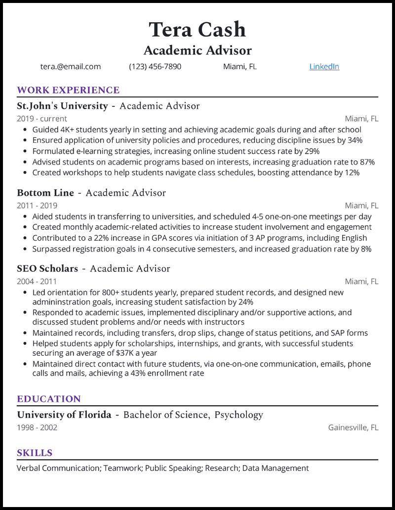 Academic advisor resume example with 18 years of experience