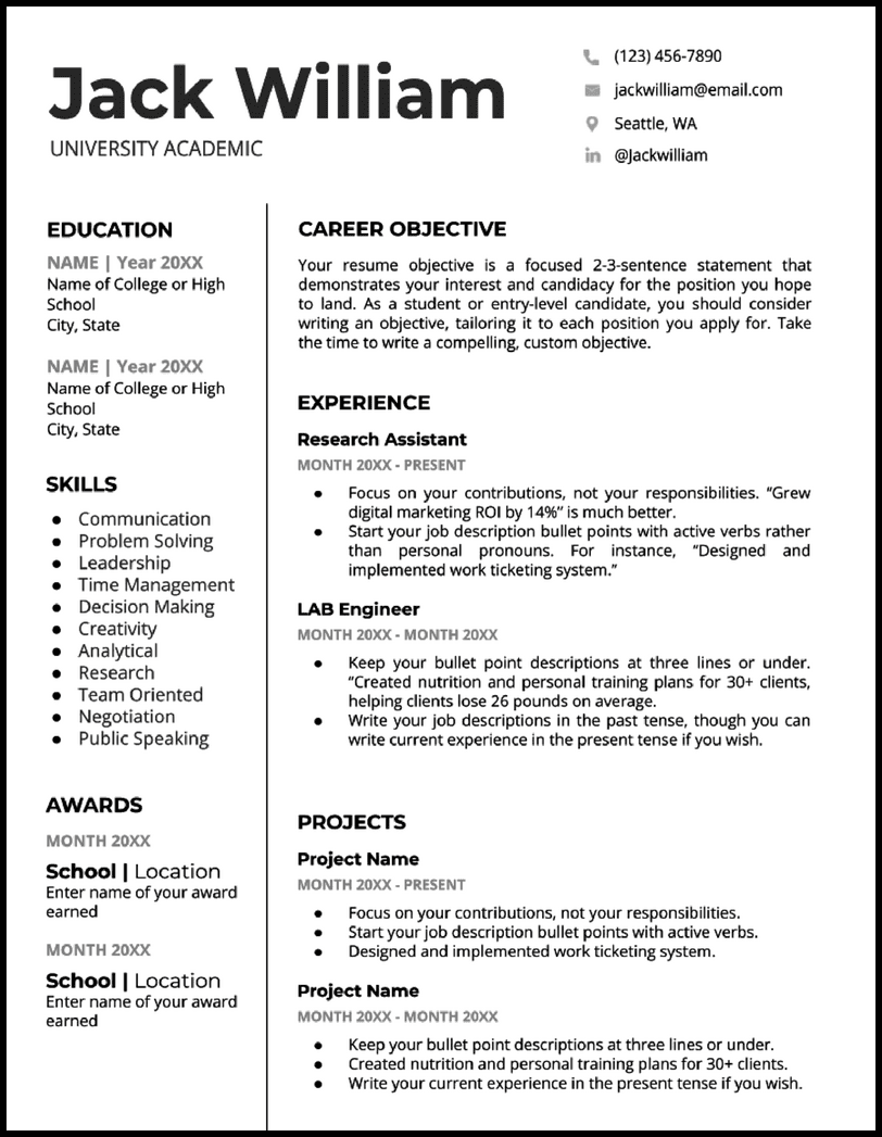 Academic resume template for Word and Google Docs