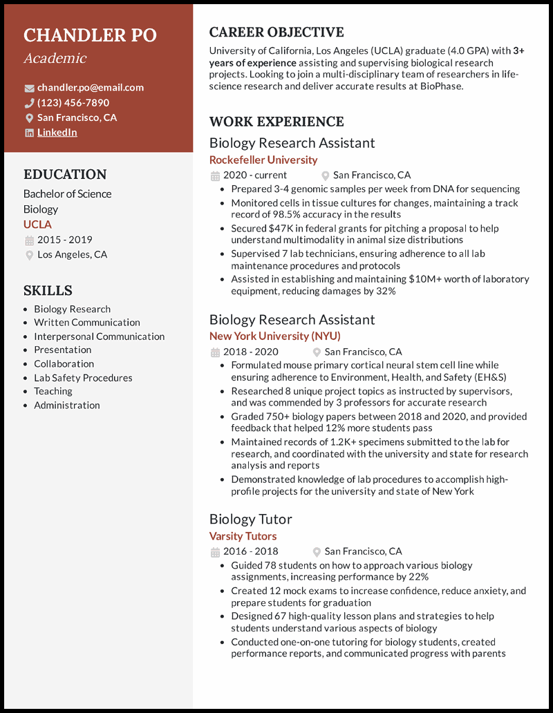 Academic resume example with 4 years of experience