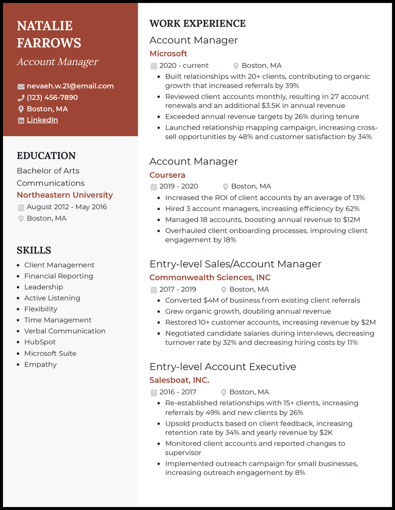 Account manager resume example with 10 years of experience