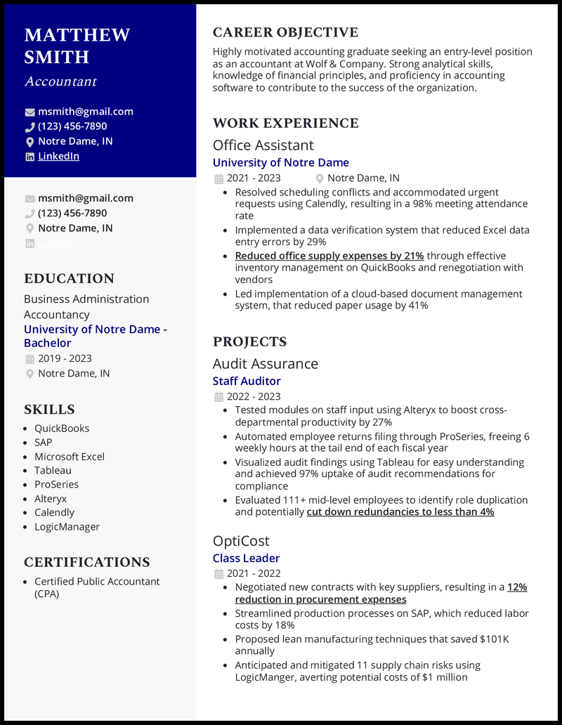 Accounting college graduate resume example with 2 years of experience as an office assistant