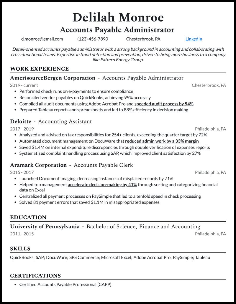 Accounts payable administrator resume example with 4 years of experience 