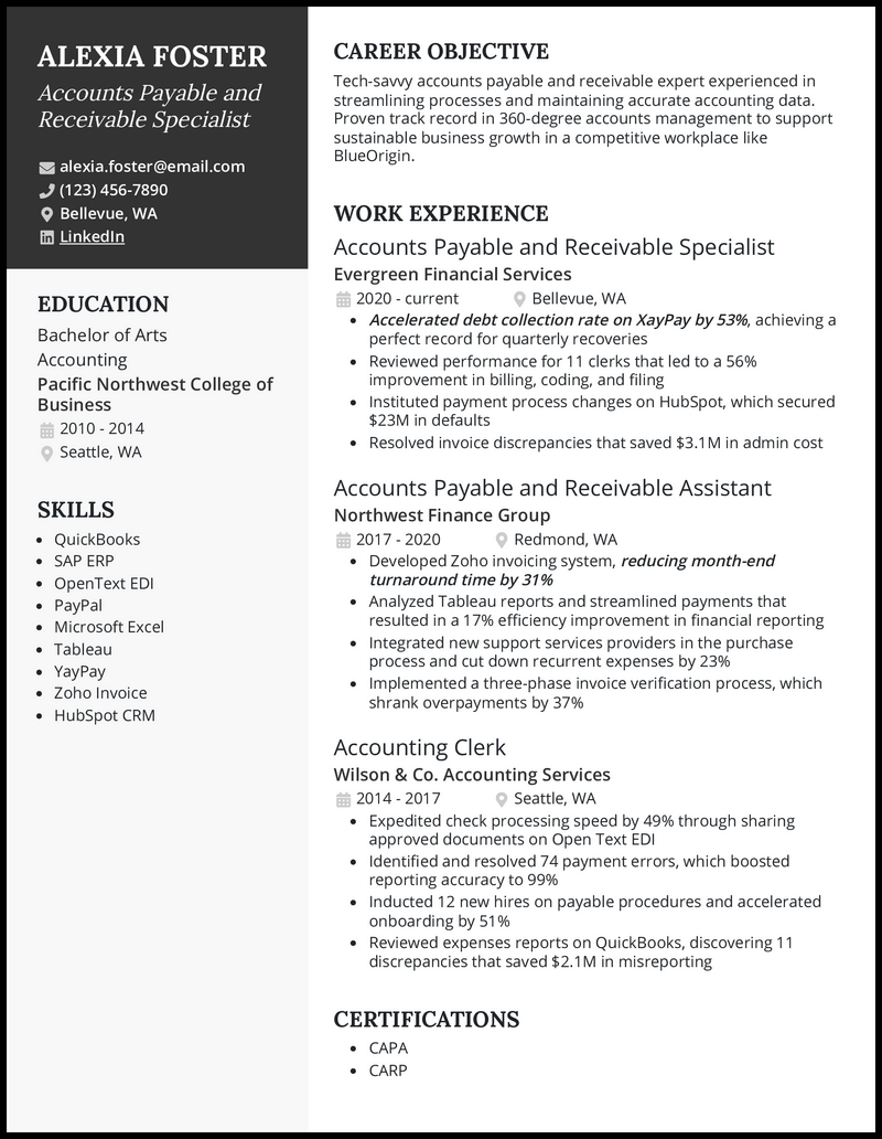 Accounts payable and receivable resume example with 4+ years experience