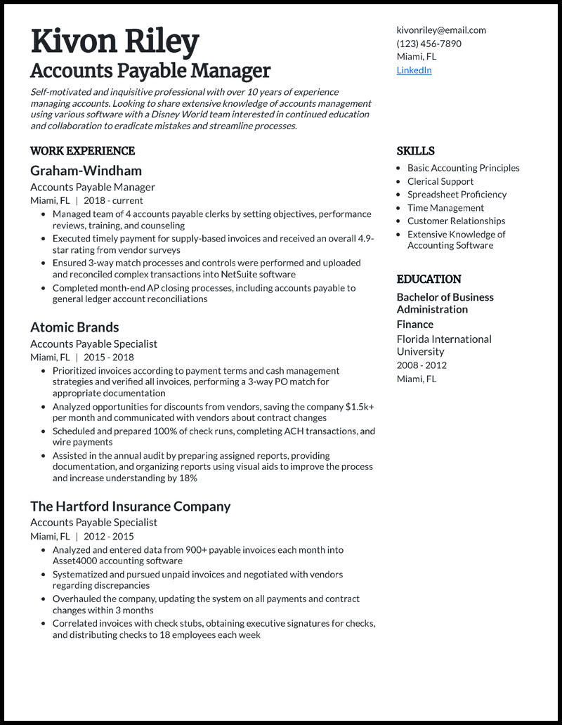 9 Accounts Payable Resume Examples Built For 2025 Accounts Payable Manager Black Resume Example 