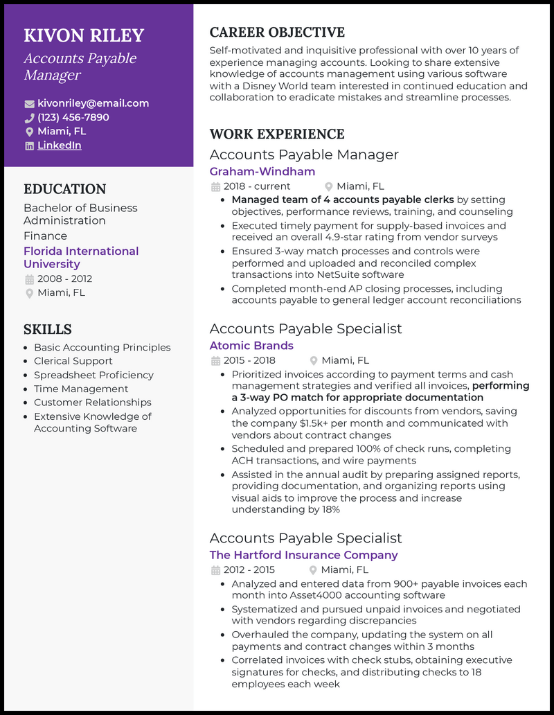 Accounts payable manager resume example with 6+ years experience