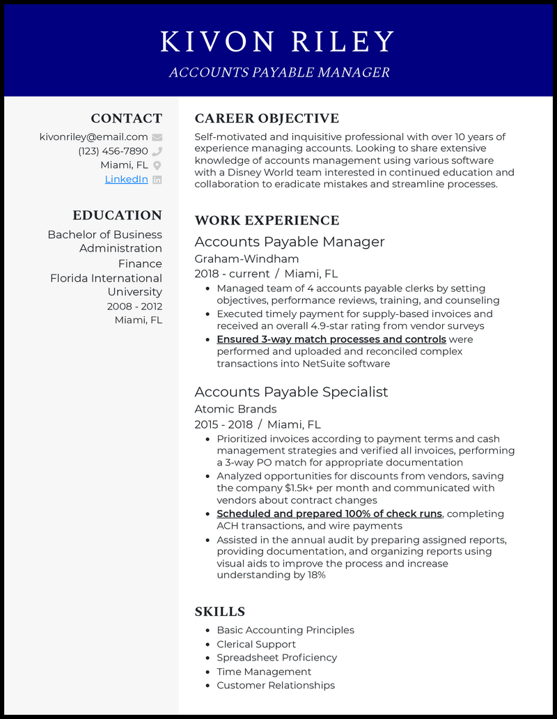 Elegant accounts payable manager resume example with 6+ years experience