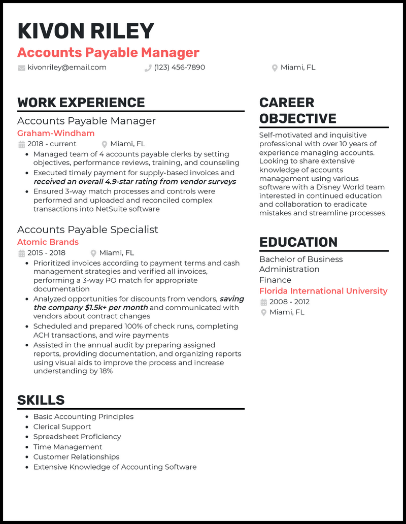 Formal accounts payable manager resume example with 6+ years experience