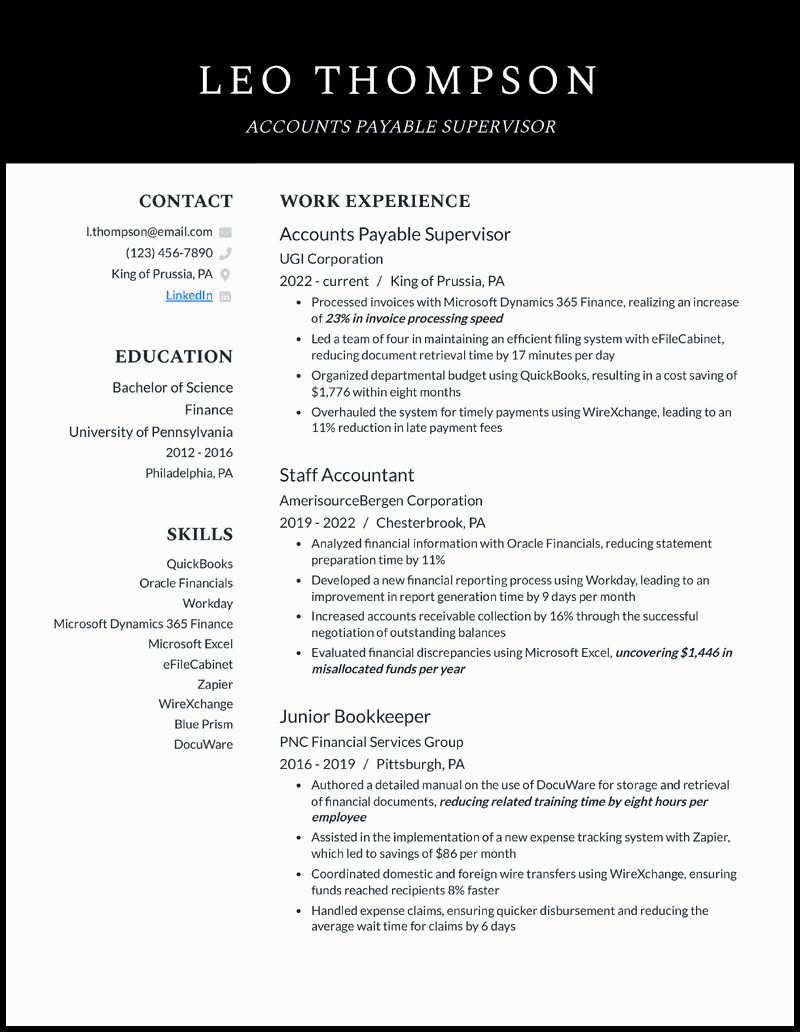 9 Accounts Payable Resume Examples Built For 2025 Accounts Payable Supervisor Black Resume Example 