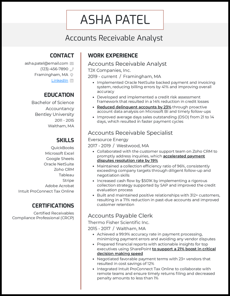 12 Accounts Receivable Resume Examples - Accounts Receivable Analyst Red Brown Resume Example