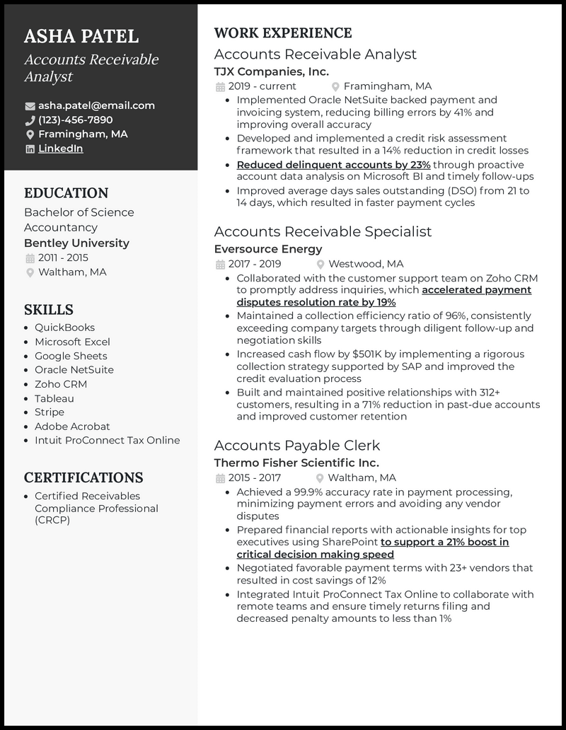 Accounts receivable analyst resume example with 6 years of experience