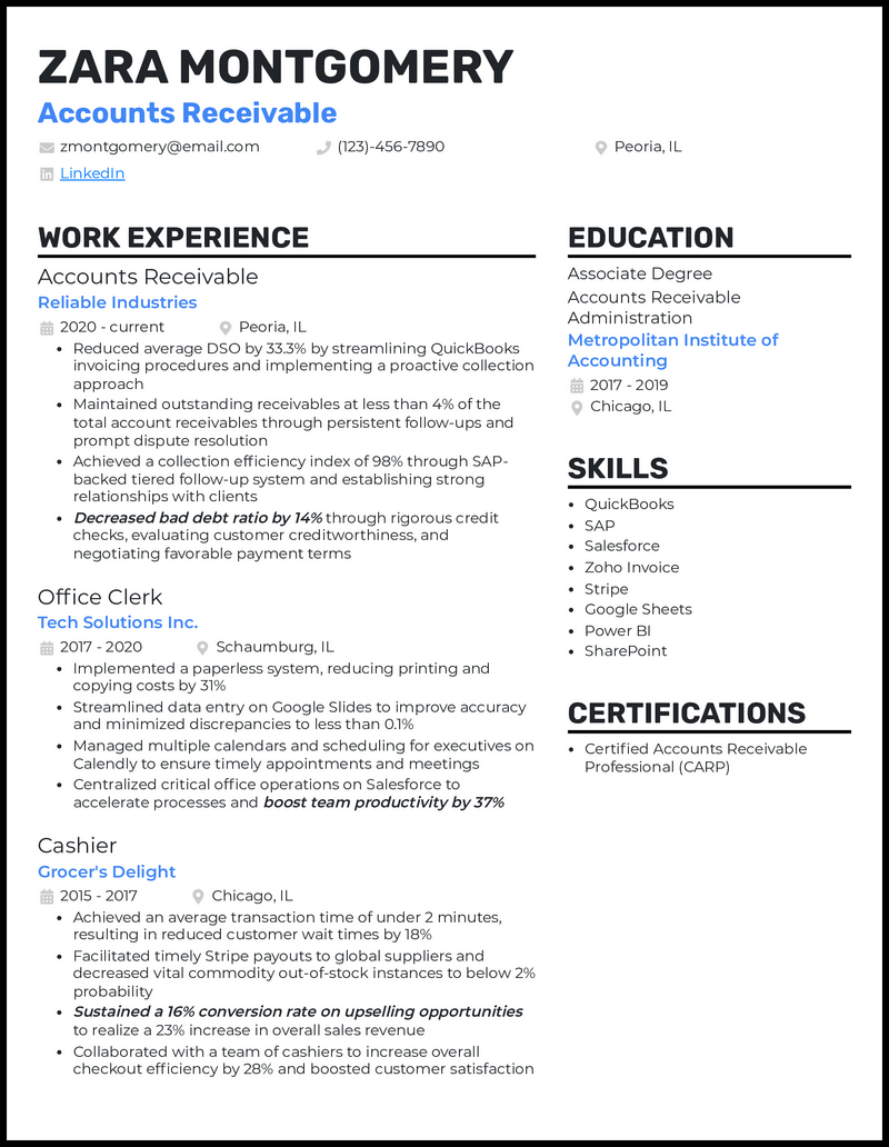 Accounts receivable resume example with 3 years of experience