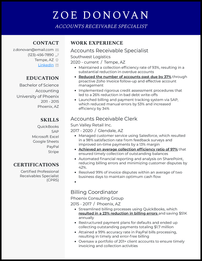 Accounts receivable specialist resume example with 6 years of experience