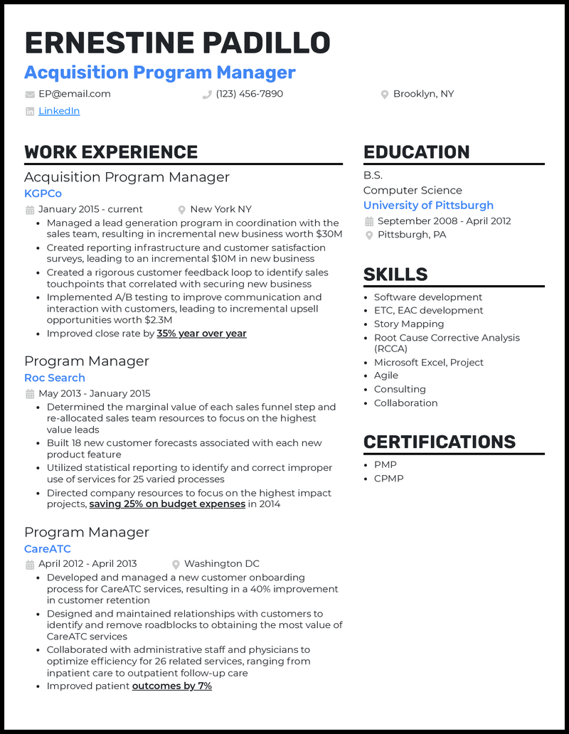 Formal acquisition program manager resume example with 7+ years experience