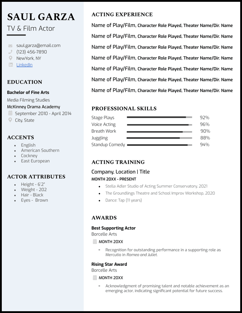 Acting Google Docs resume template with grey sidebar for accents and actor attributes