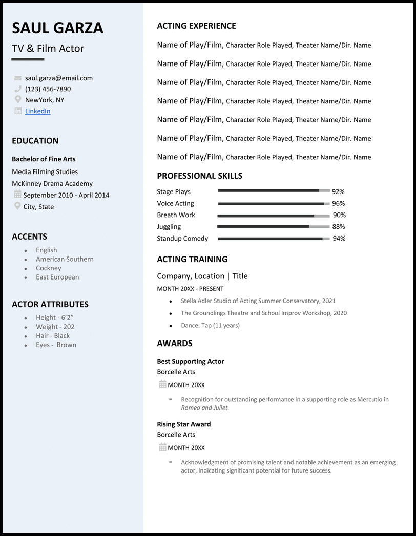 Acting Word resume template with blue sidebar for actor attributes