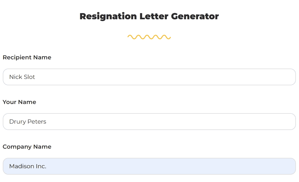 Enter your job employment details to the resignation letter generator