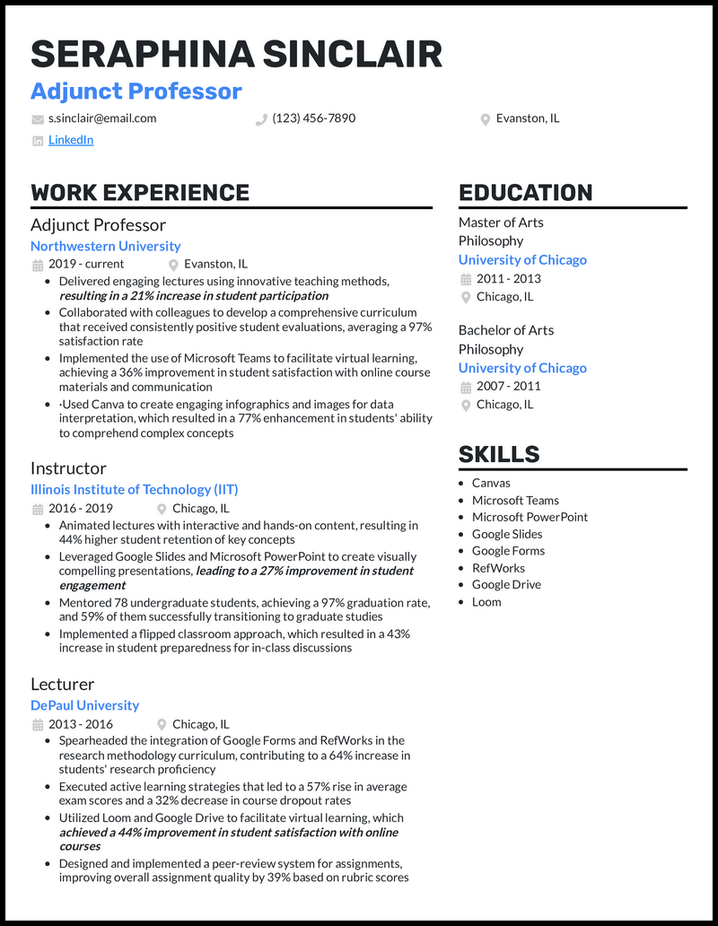 Adjunct Professor resume example with 10 years of experience