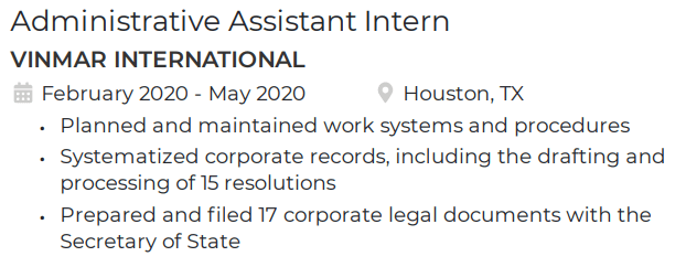 Work experience section for administrative assistant intern resume