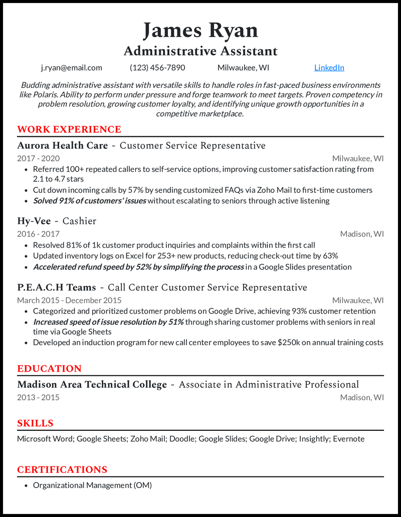 Administrative assistant resume example with no experience as an administrative assistant