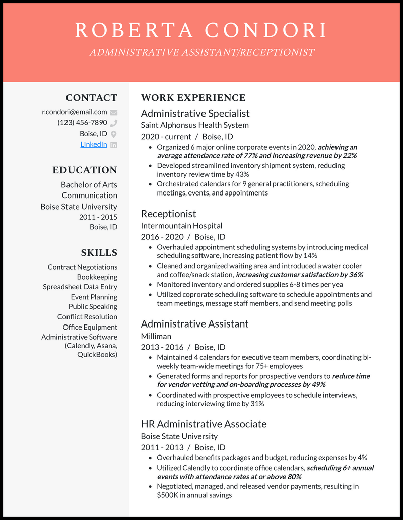 administrative assistant/receptionist resume example with 10+ years of experience