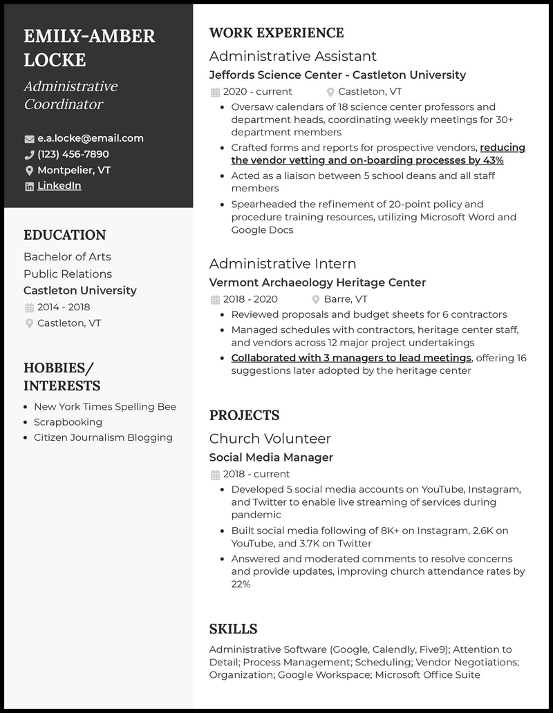 Clean administrative coordinator resume example