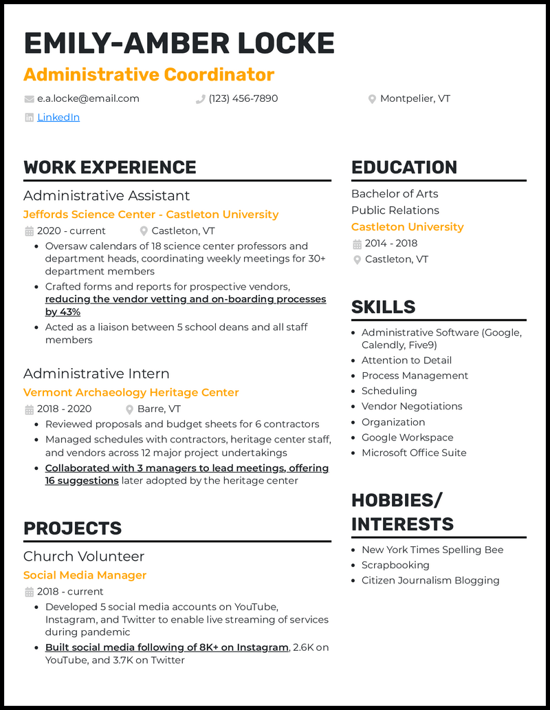 administrative coordinator resume example with 3 years of experience