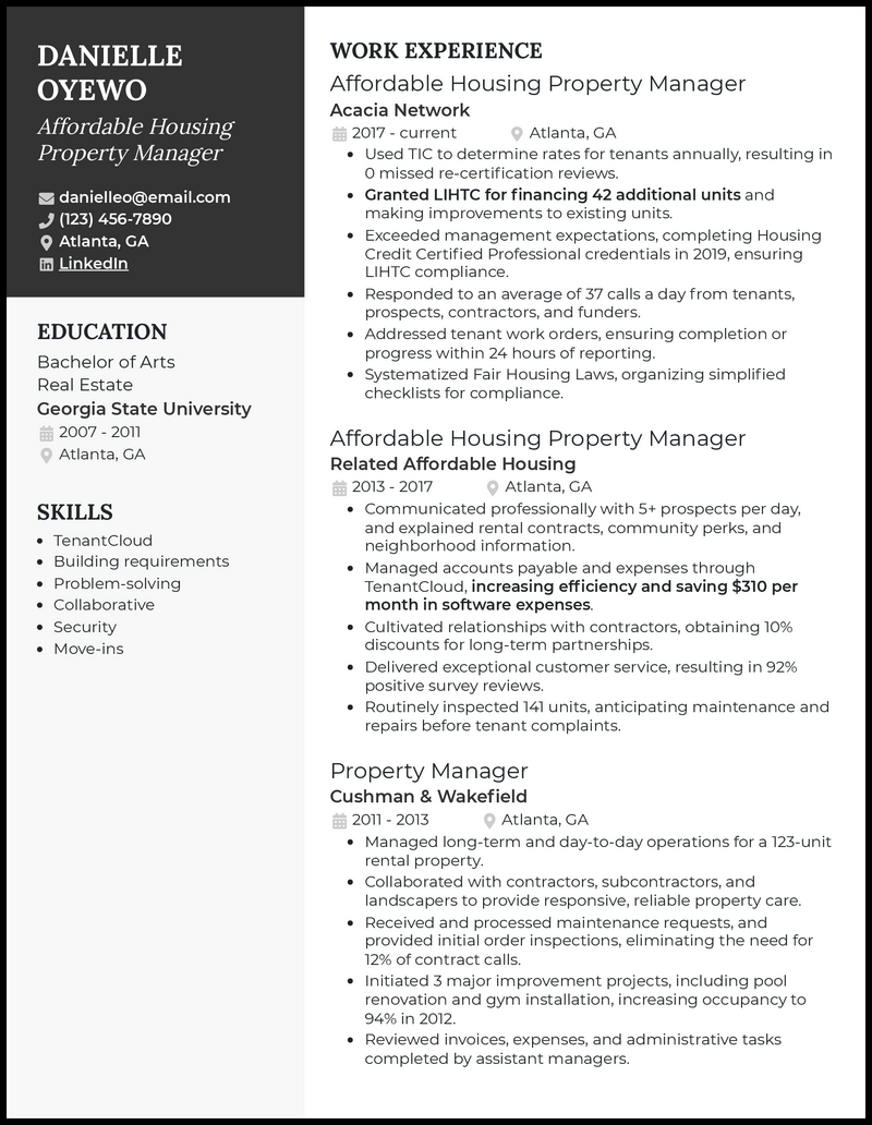 Affordable housing property manager resume example with 8+ years experience