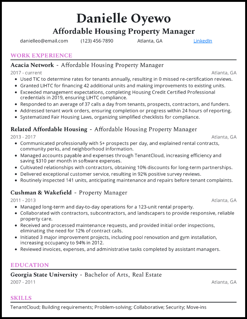 Affordable housing property manager resume example with 10 years of experience