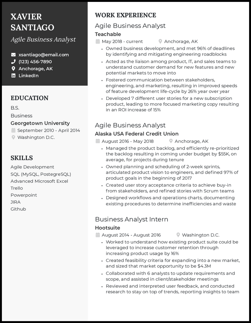 Agile business analyst resume example 