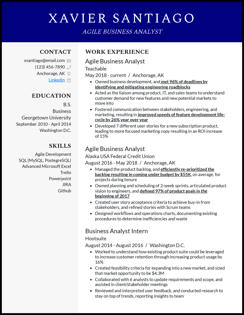 Agile business analyst resume example with 4+ years experience