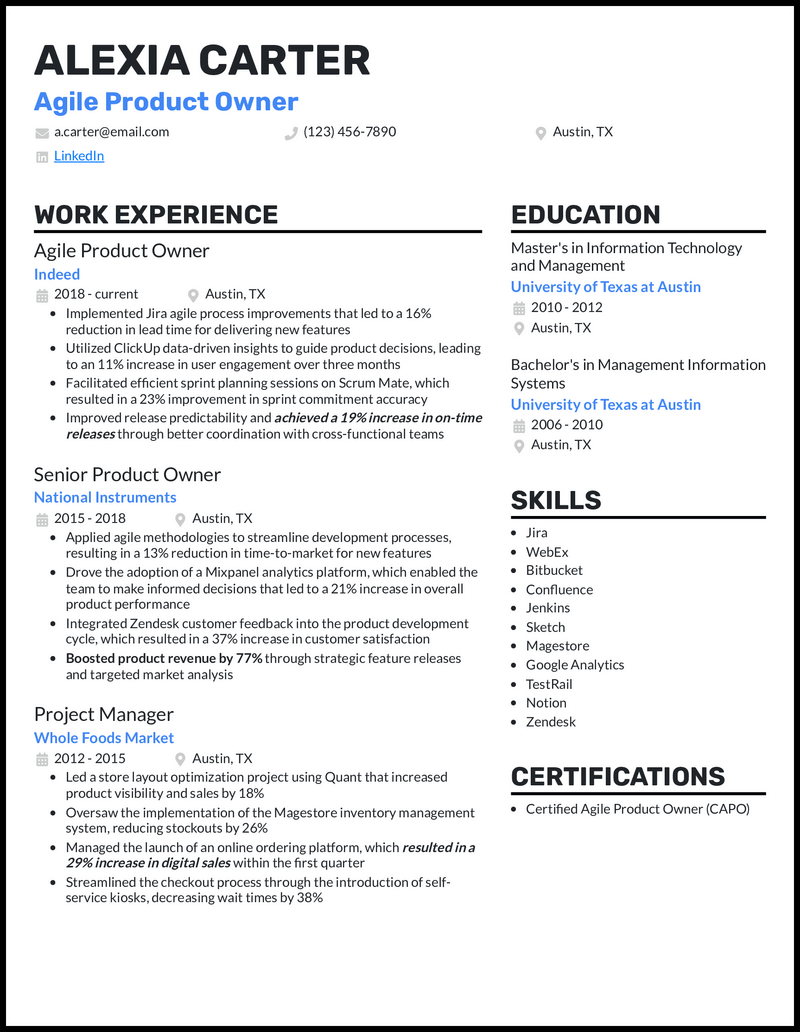 Agile product owner resume example with 11 years of experience