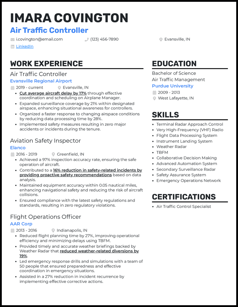 Air Traffic Controller resume example with 4 years of experience