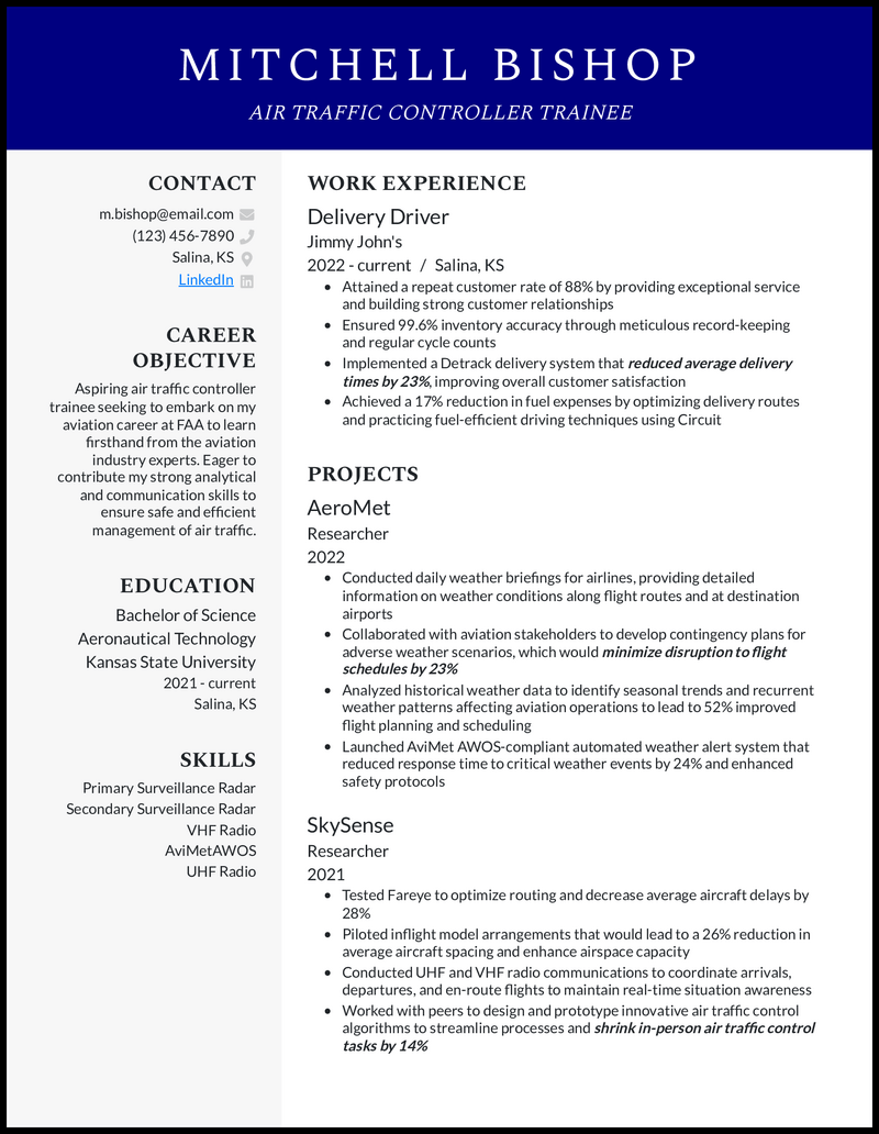 Air Traffic Controller Trainee resume example with project experience