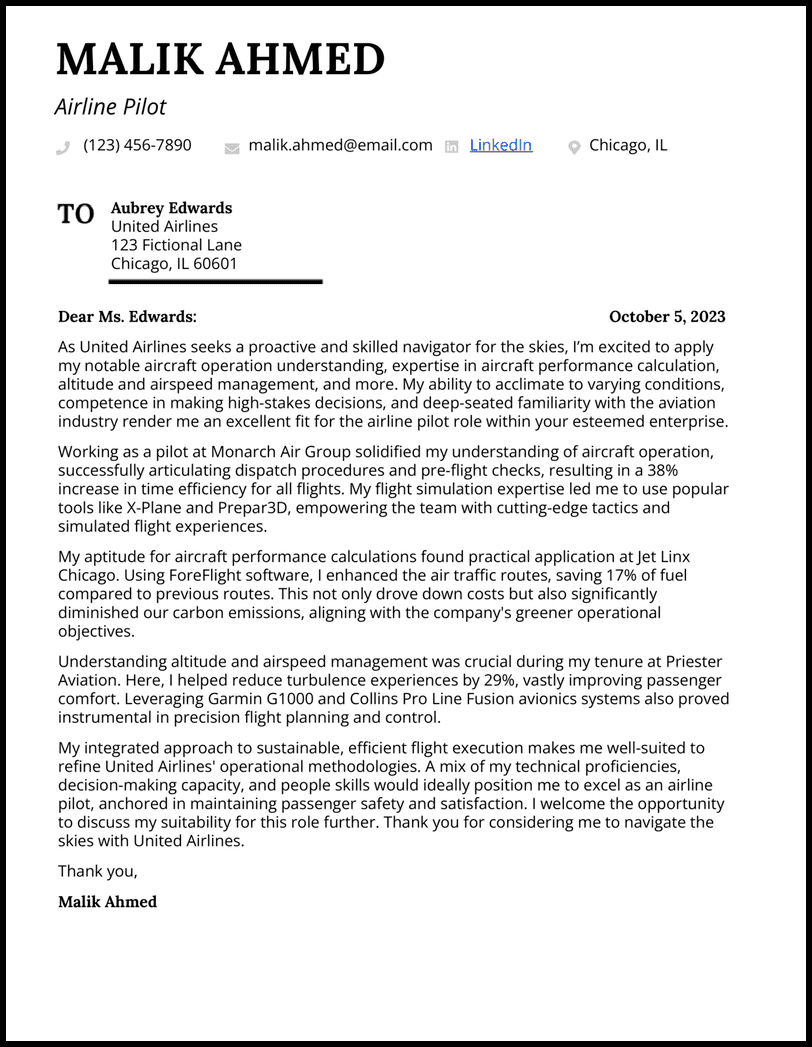 Airline pilot cover letter example