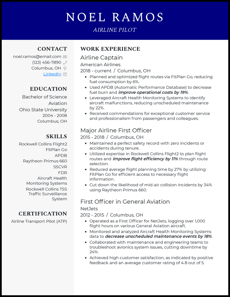 Airline pilot resume example with 10 years of experience