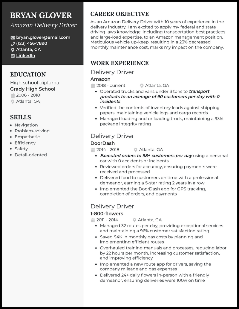 3 Amazon Delivery Driver Resume Examples for 2024