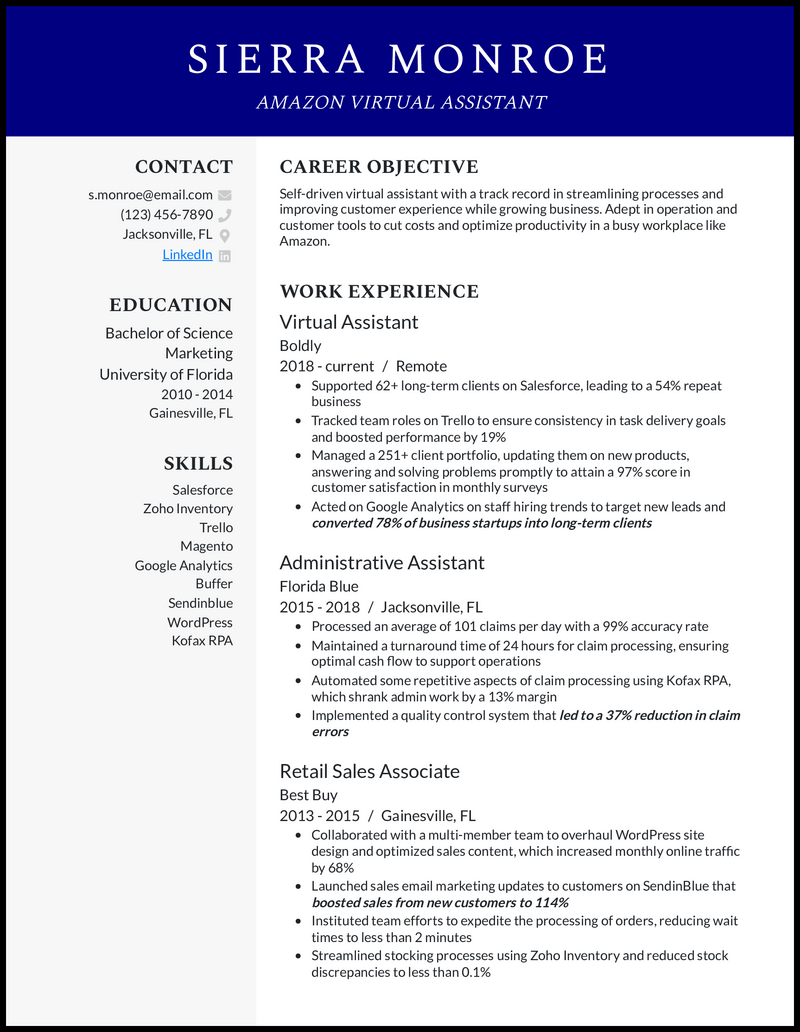 Amazon virtual assistant resume example with 8+ years of experience