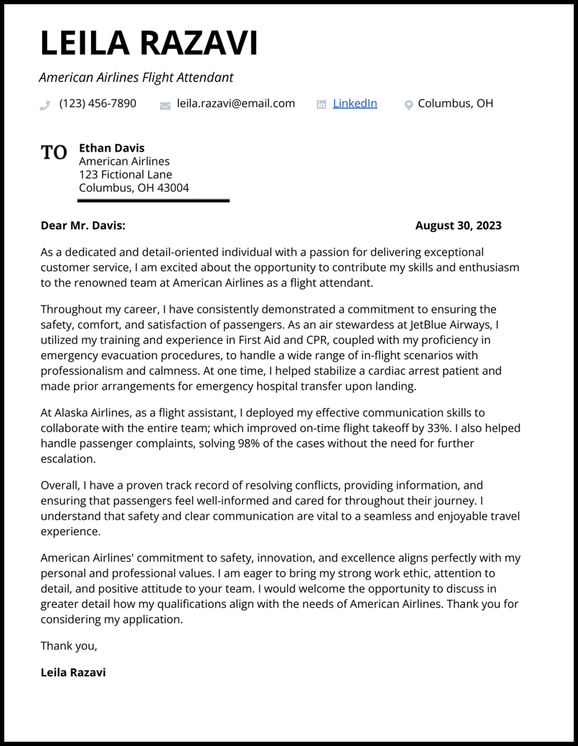 American Airlines flight attendant cover letter example