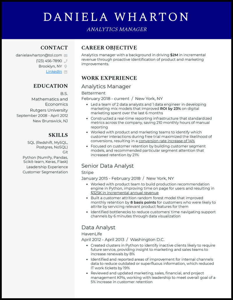 Data Analytics Manager resume example with 10+ years of experience