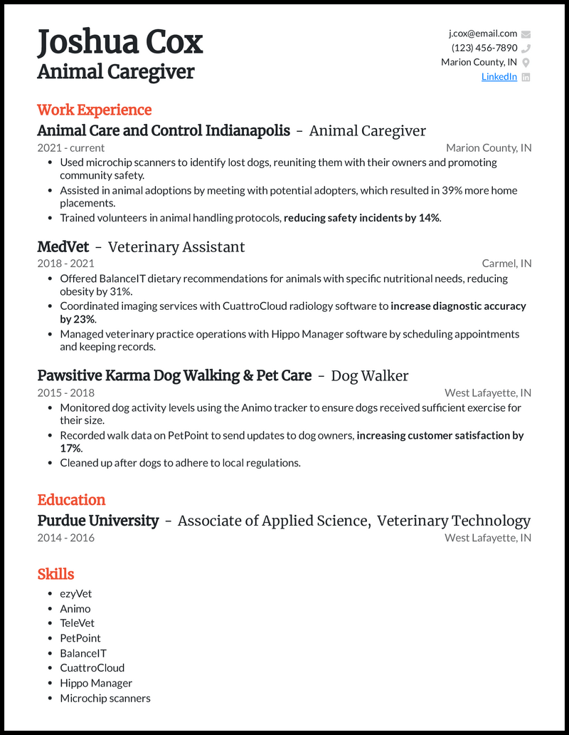 Animal caregiver resume example with 2 years of experience