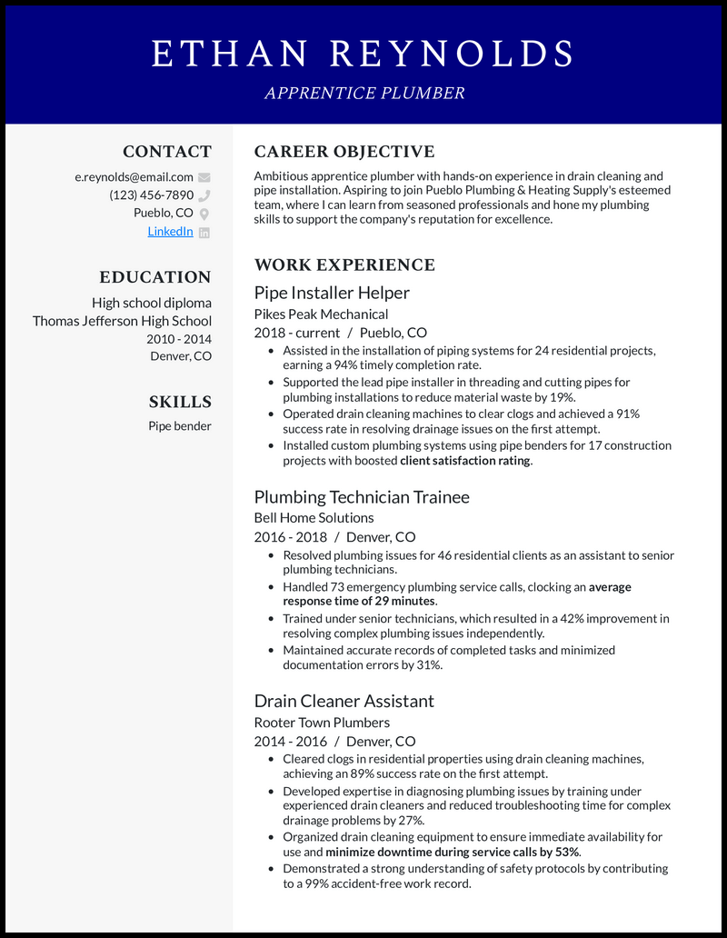 Apprentice Plumber resume example with 9 years of experience