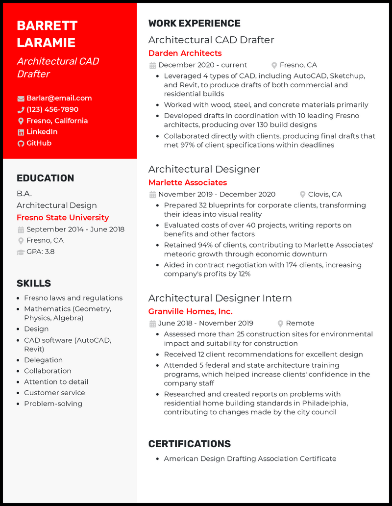 How Do I Craft The Perfect Architecture Resume For An Internship   Architectural Cad Drafter Resume Example 