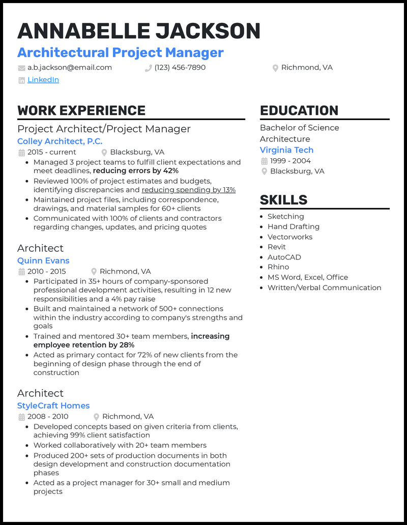 Formal architectural project manager resume example with 6+ years of experience