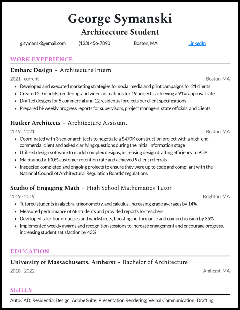 Architecture student resume example