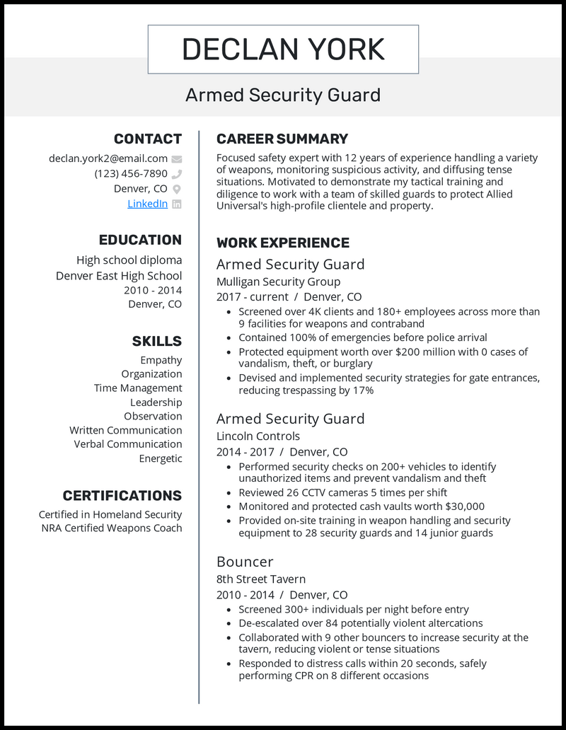 security job resume sample