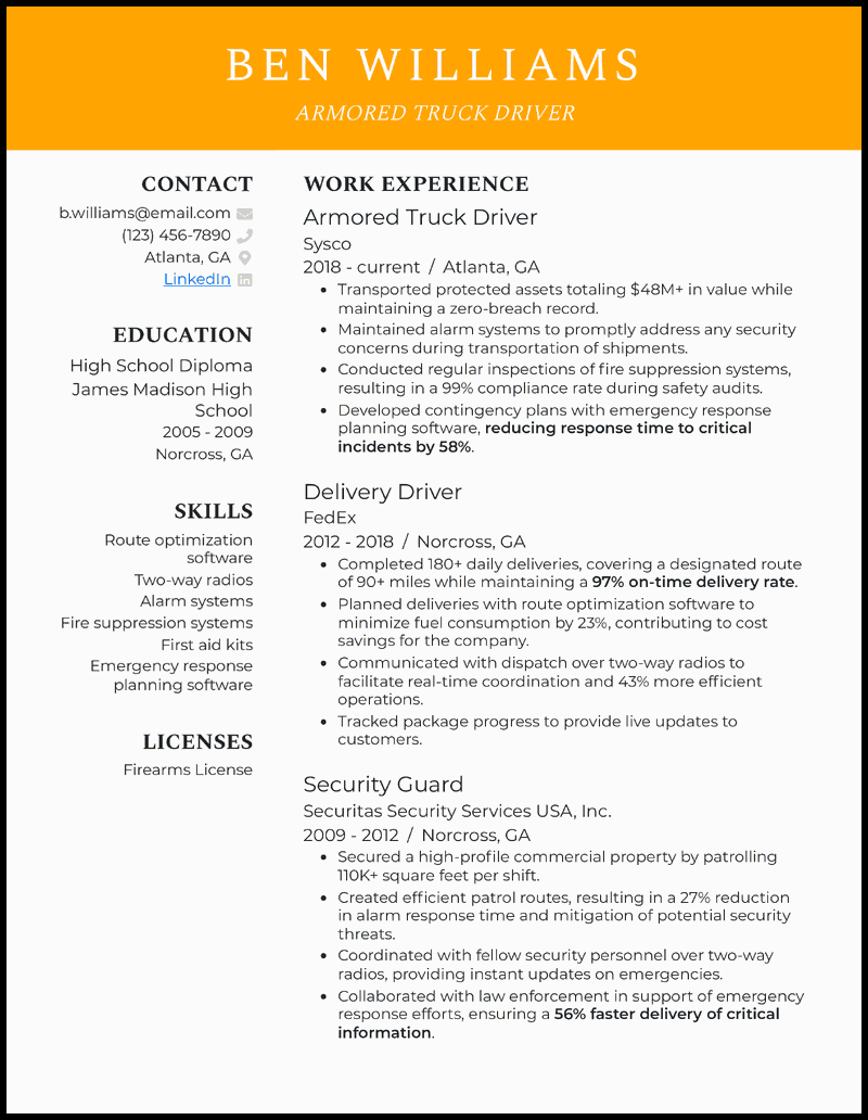 Armored truck driver resume example with 10+ years of driving and security experience