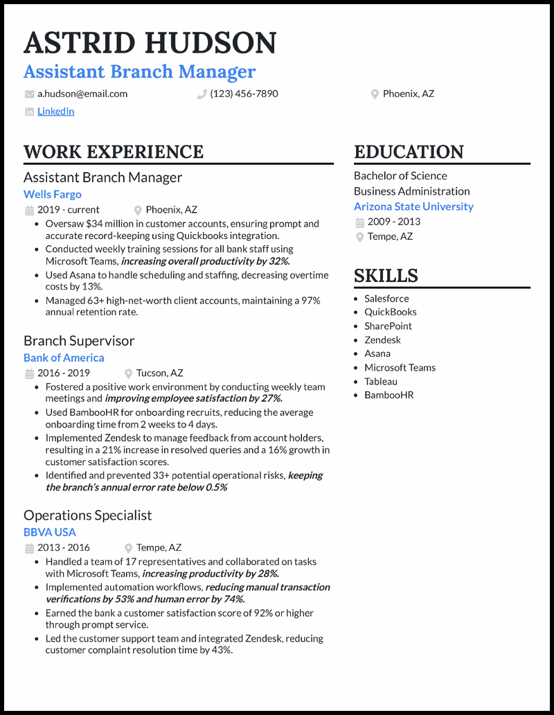 Assistant branch manager resume example with 4 years of experience