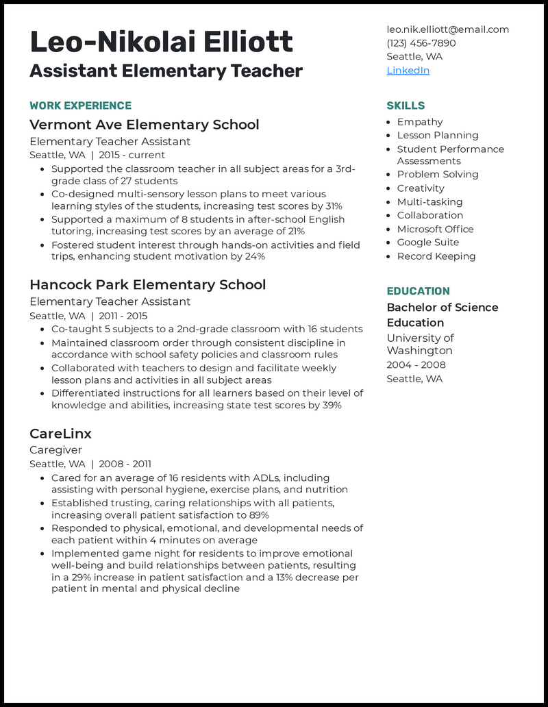 Assistant elementary teacher resume example with 11 years of experience